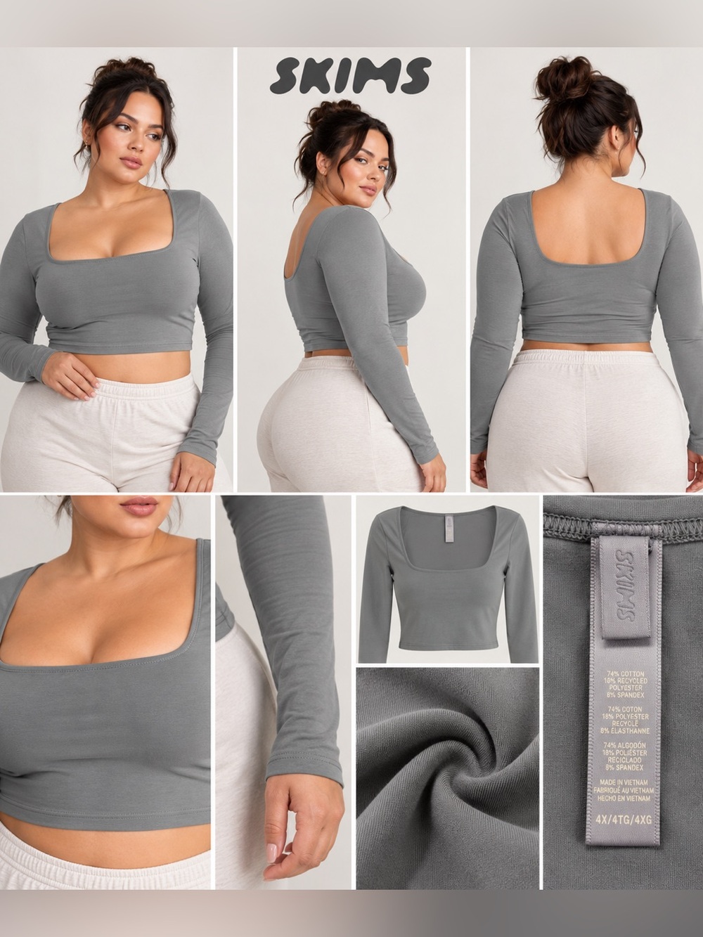 SKIMS Gray Square Neck Long Sleeve Crop Top Stretch Plus Size 4X